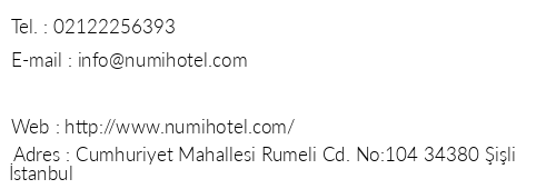 Numi Hotel telefon numaralar, faks, e-mail, posta adresi ve iletiim bilgileri